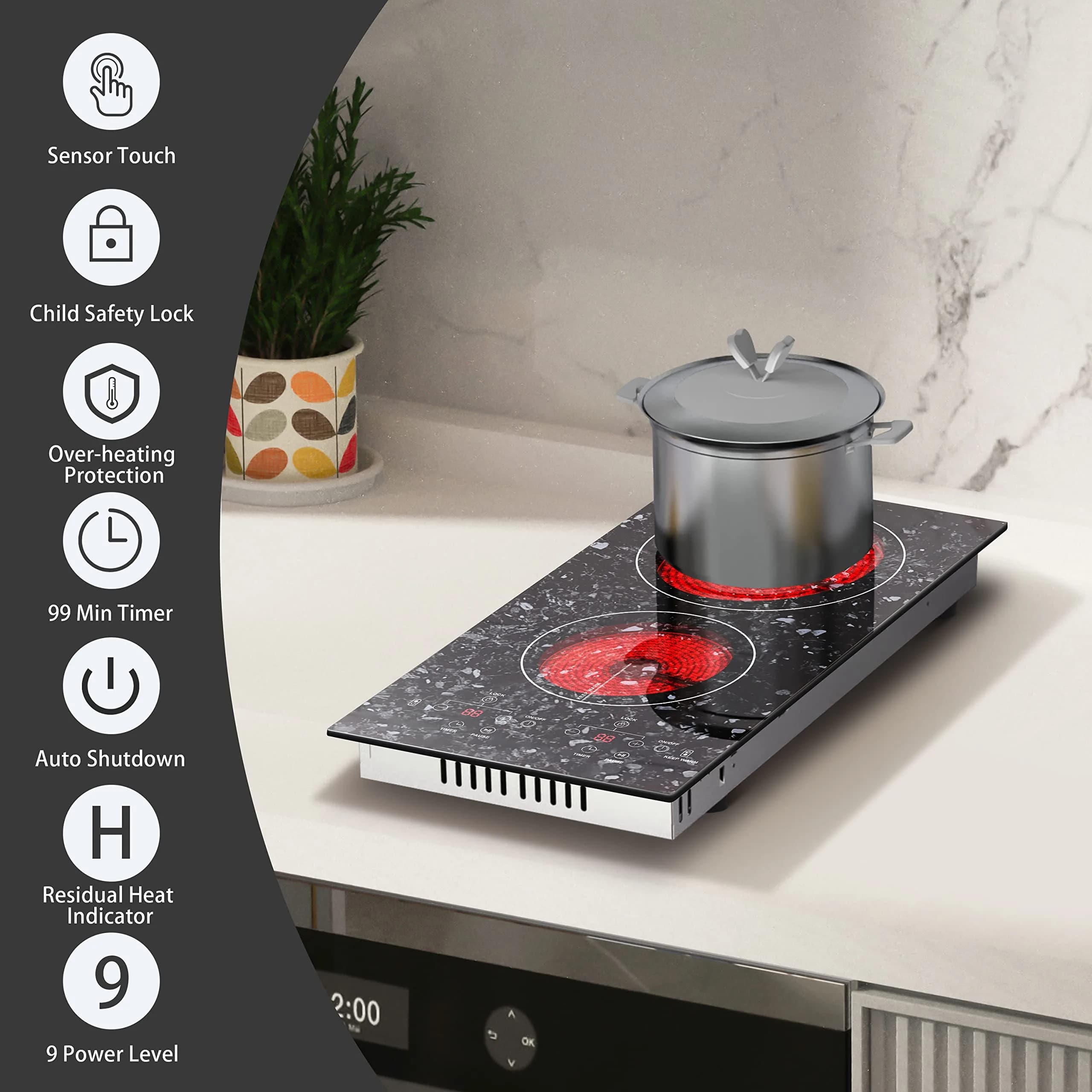 Karinear 2-Burner Electric Cooktop with Marble Patterned Surface, 12 Inch Radiant Ceramic Stove Top - view 2