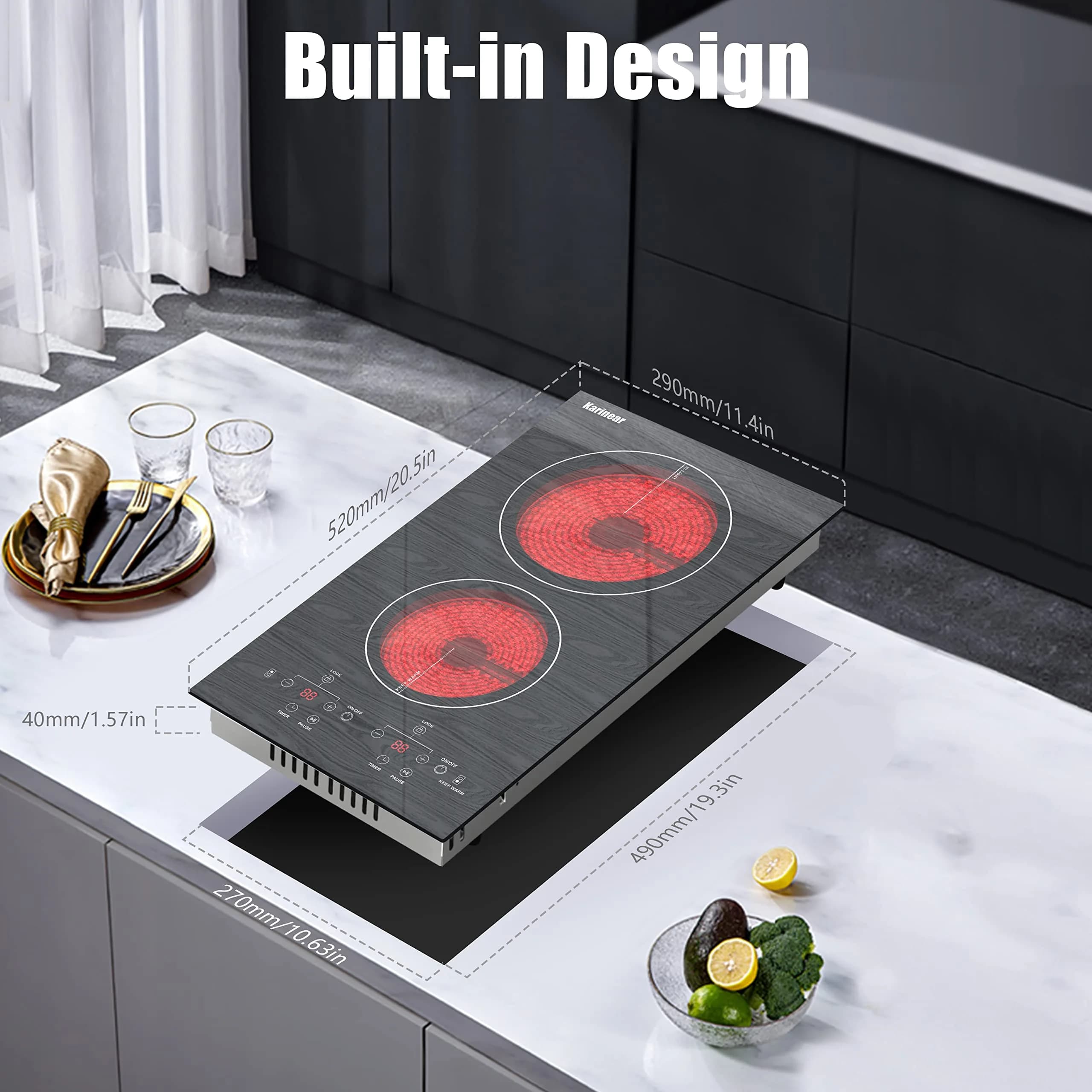 Karinear 2-Burner Electric Cooktop 12 Inch Radiant Ceramic Stove Top 2200W (1400W+600W) | Wooden Patterned Surface - view 5