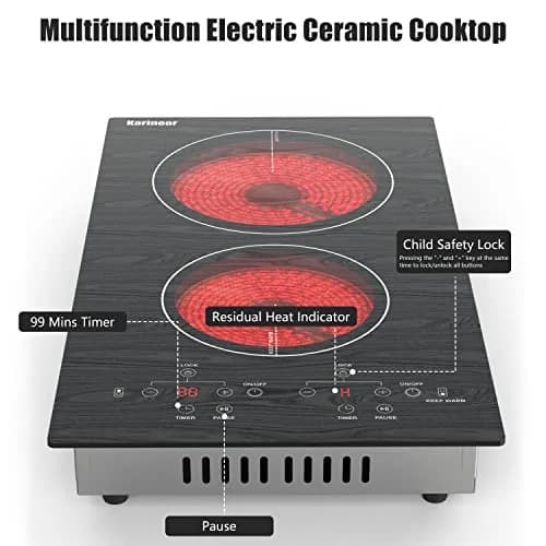 Karinear 2-Burner Electric Cooktop 12 Inch Radiant Ceramic Stove Top 2200W (1400W+600W) | Wooden Patterned Surface thumbnail 6