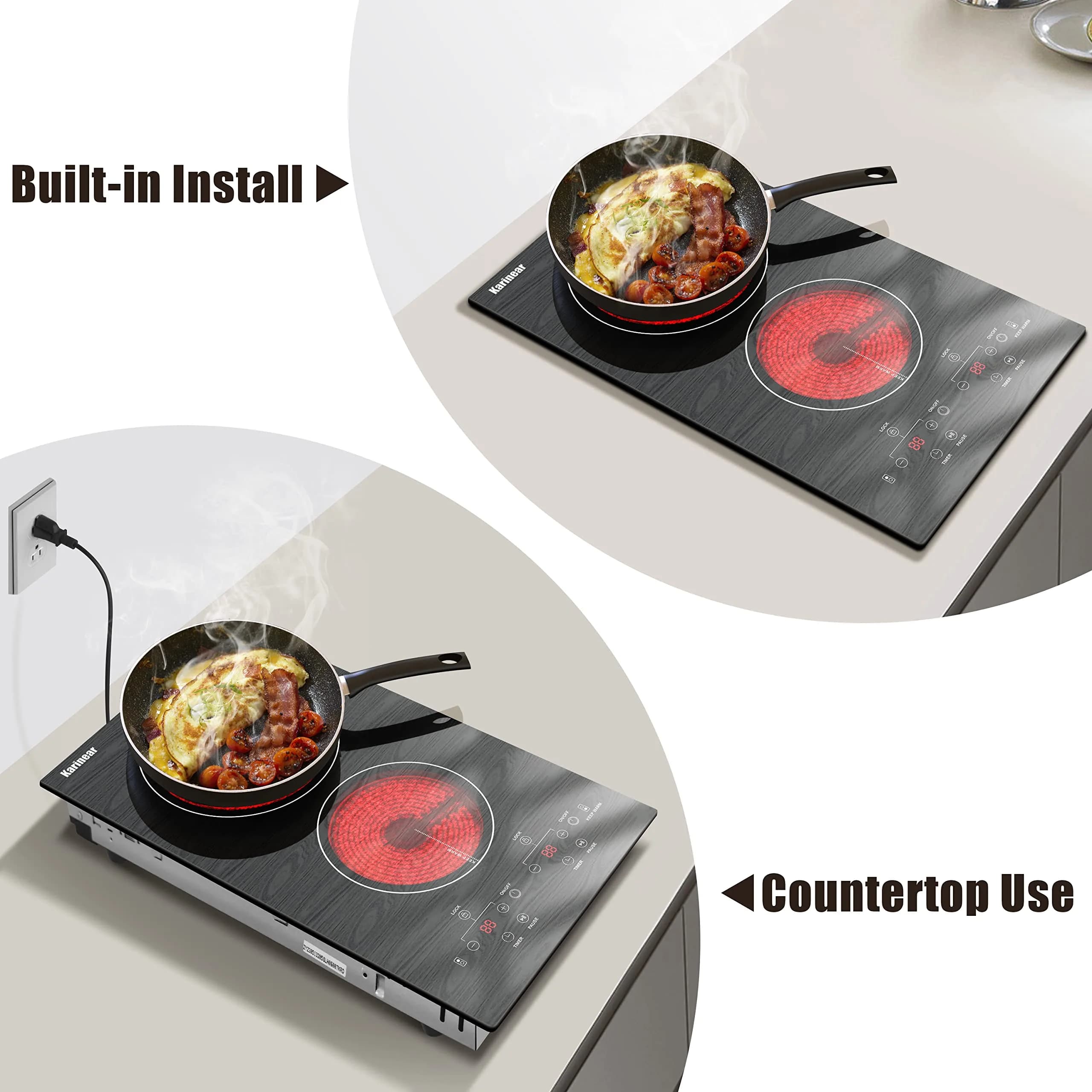 Karinear 2-Burner Electric Cooktop 12 Inch Radiant Ceramic Stove Top 2200W (1400W+600W) | Wooden Patterned Surface - view 3