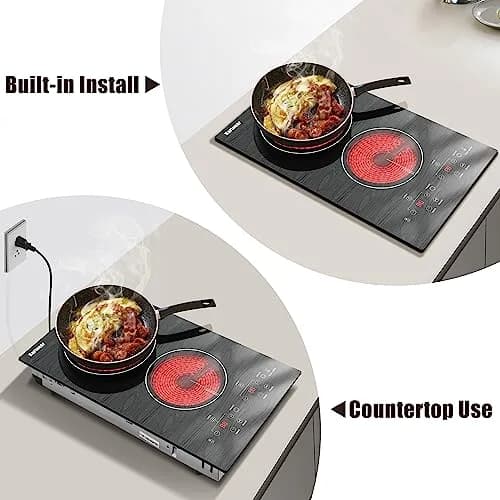 Karinear 2-Burner Electric Cooktop 12 Inch Radiant Ceramic Stove Top 2200W (1400W+600W) | Wooden Patterned Surface thumbnail 3