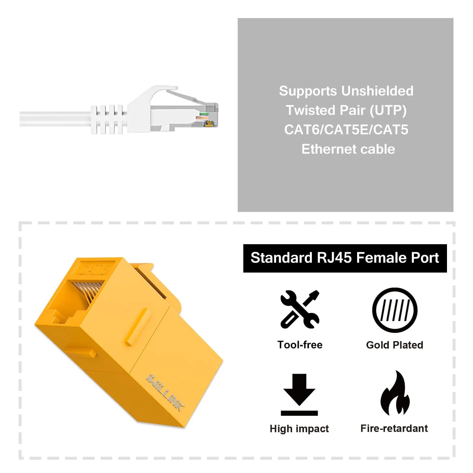 iwillink Cat6 Keystone Coupler 5-Pack Yellow | Connects Two Ethernet Cables for 10Gbps Speeds - view 3
