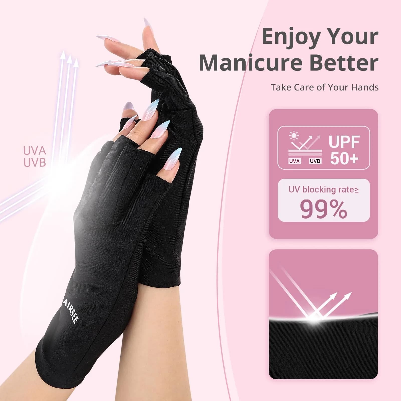 AIRSEE Black UPF50+ UV Protection Fingerless Gloves for Nail Lamp - view 2