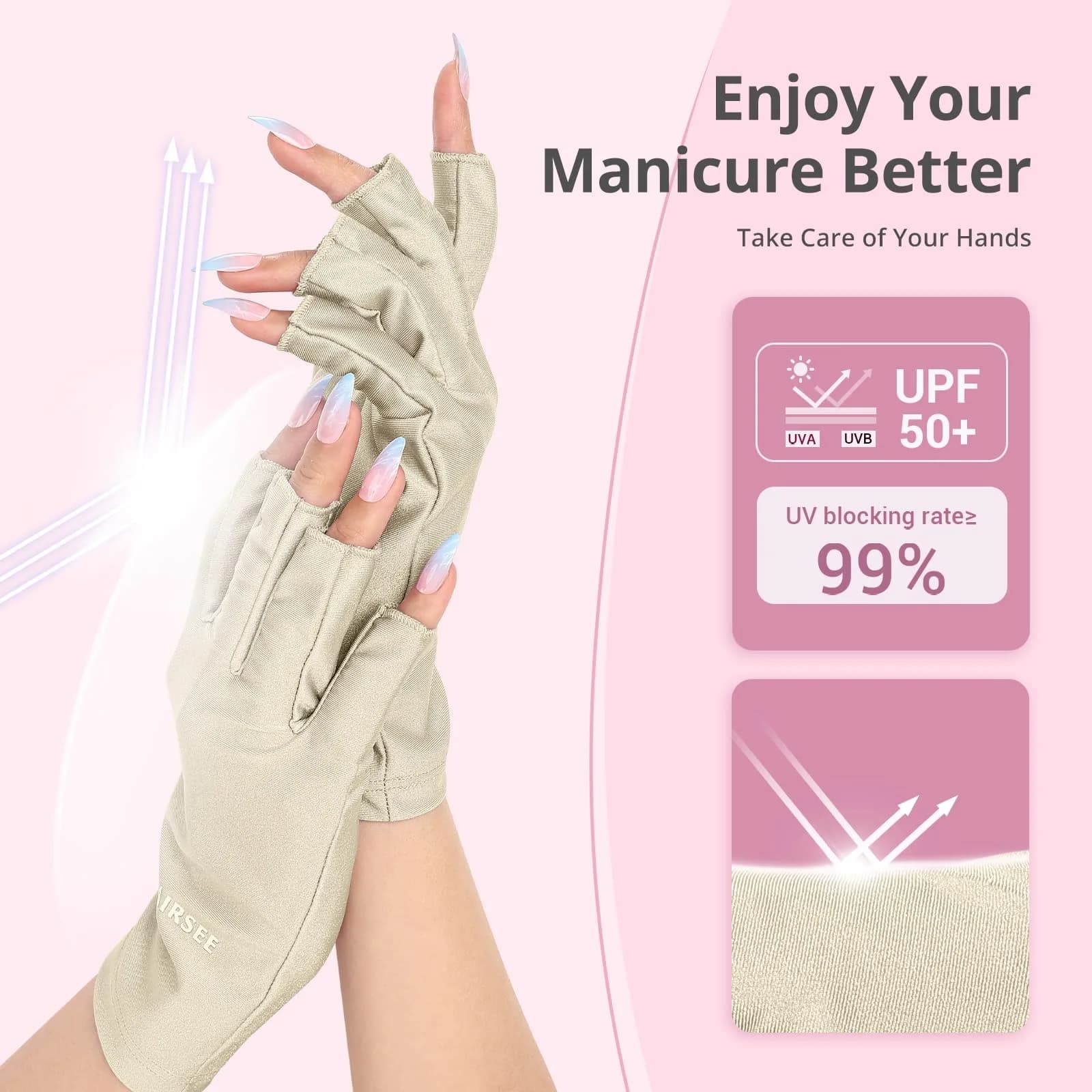 AIRSEE UPF50+ UV Protection Gloves for Nail Lamp | Fingerless, Nude, Standard Size - view 2