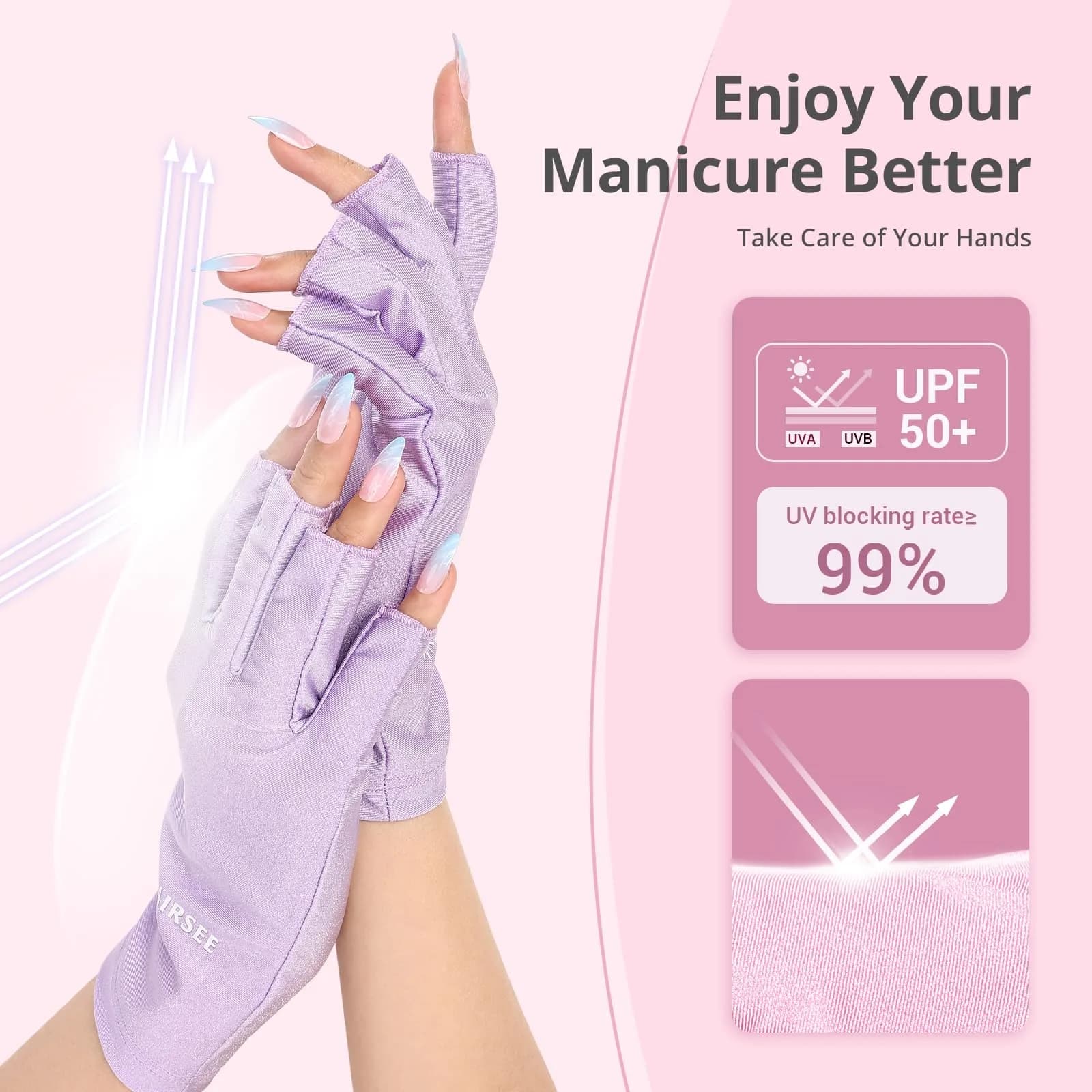 AIRSEE Purple Fingerless UV Protection Gloves for Nail Lamp | UPF50+ Shield - view 2