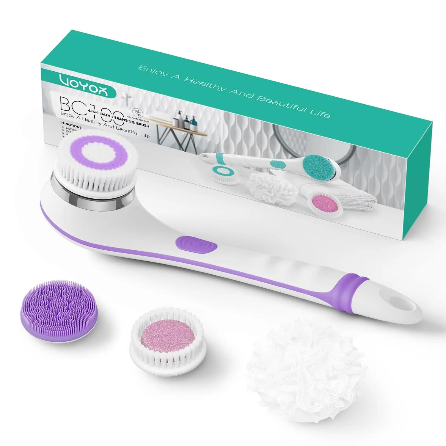 VOYOR BC100 Electric Body Brush with 4 Attachments | 38.6cm (15.2in) — Purple