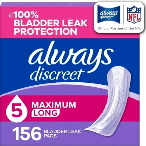 Always Discreet Adult Incontinence Pads for Women, Drier, 5 Drop Long Length, Heavy Absorbency, Pads for Bladder Control Management, Bladder Leaks, & Postpartum Pads, 156ct thumbnail 1