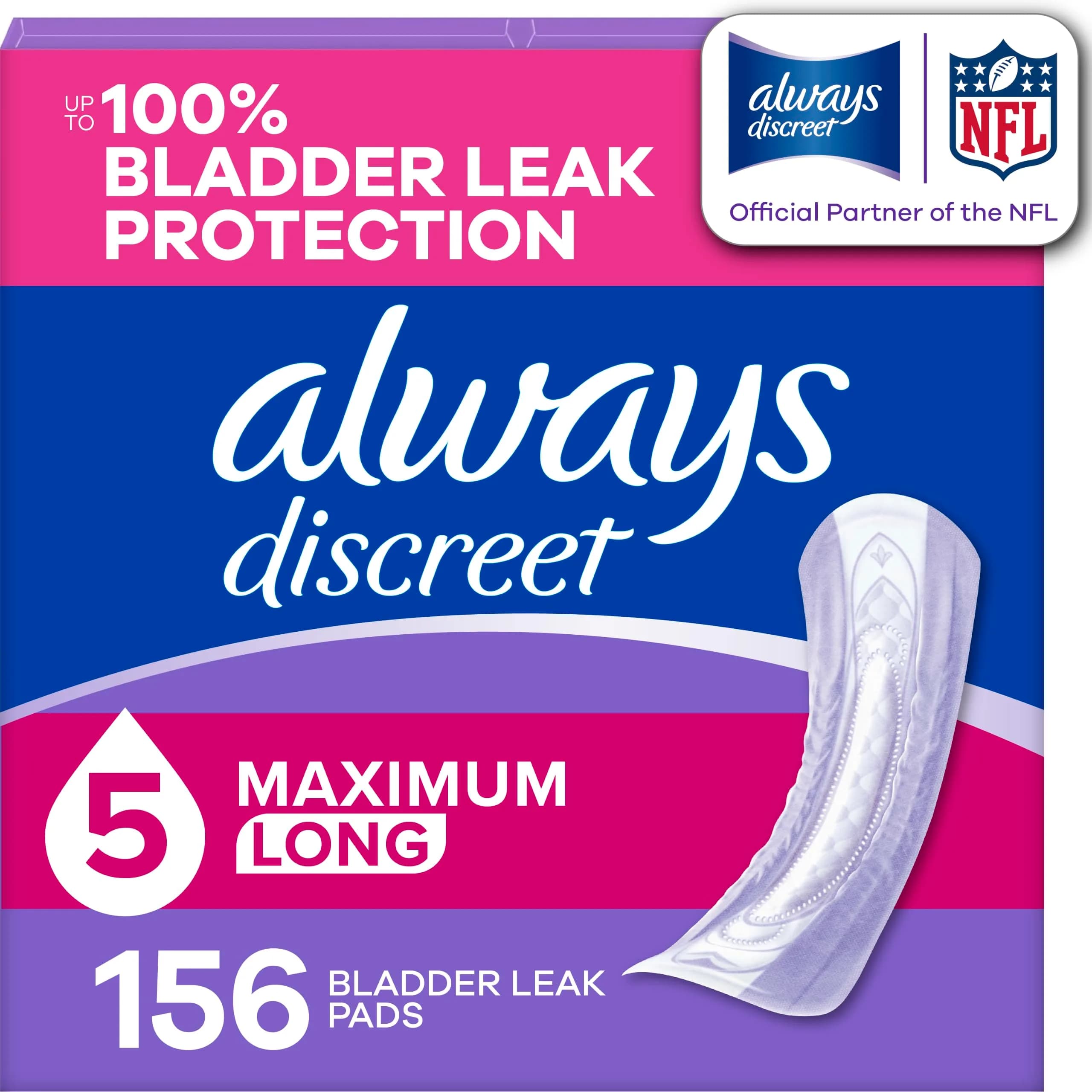 Always Discreet Adult Incontinence Pads for Women, Drier, 5 Drop Long Length, Heavy Absorbency, Pads for Bladder Control Management, Bladder Leaks, & Postpartum Pads, 156ct — White