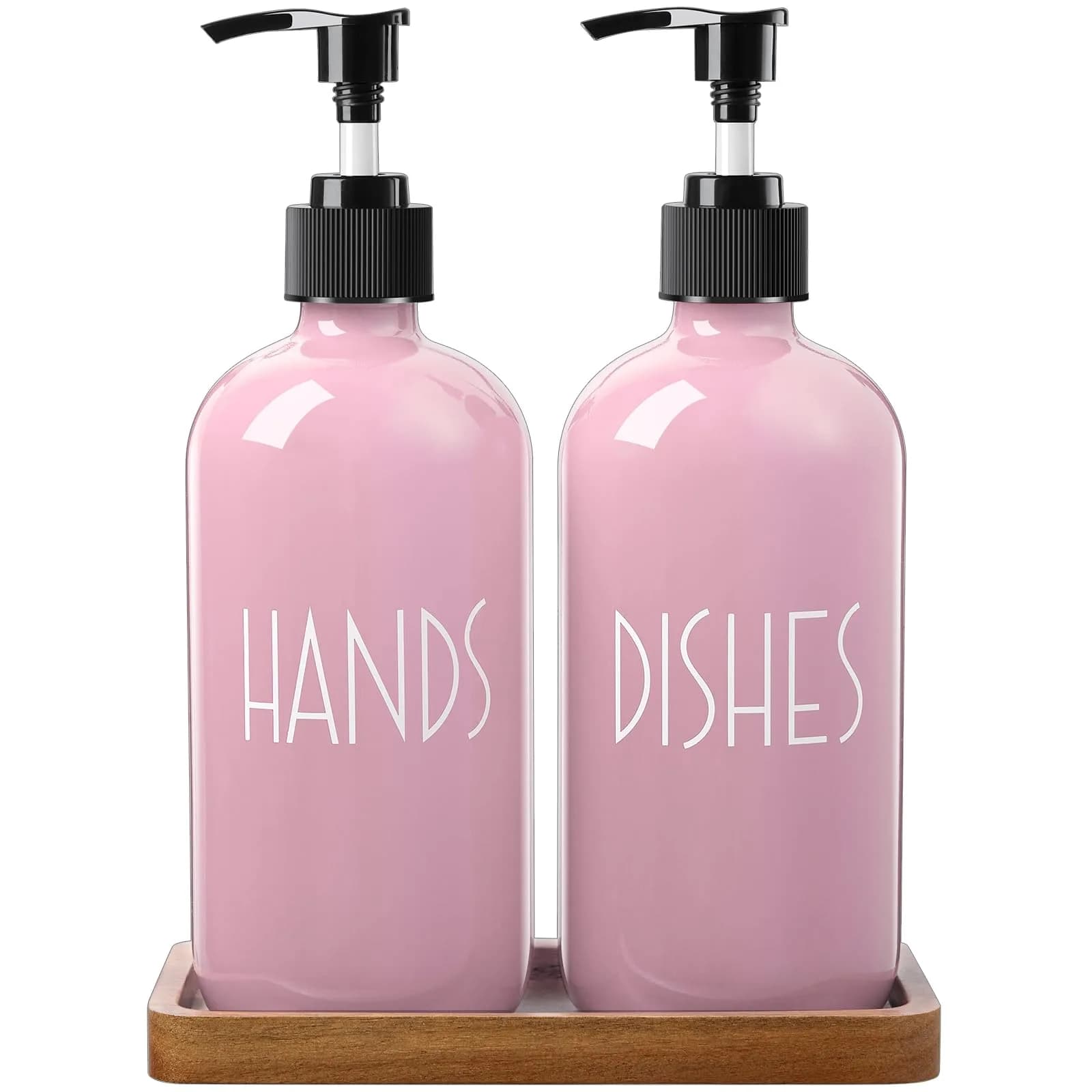 ALELION Dish Soap Dispenser for Kitchen - 16 OZ Glass Hand Soap Dispenser Set with Acacia Wood Tray - Pink Kitchen Bathroom Decor and Accessories | 16 OZ Refillable — Pink