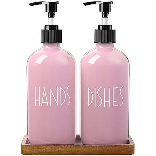 ALELION Dish Soap Dispenser for Kitchen - 16 OZ Glass Hand Soap Dispenser Set with Acacia Wood Tray - Pink Kitchen Bathroom Decor and Accessories | 16 OZ Refillable thumbnail 1