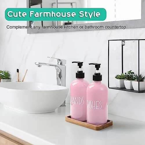 ALELION Dish Soap Dispenser for Kitchen - 16 OZ Glass Hand Soap Dispenser Set with Acacia Wood Tray - Pink Kitchen Bathroom Decor and Accessories | 16 OZ Refillable thumbnail 4