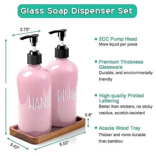 ALELION Dish Soap Dispenser for Kitchen - 16 OZ Glass Hand Soap Dispenser Set with Acacia Wood Tray - Pink Kitchen Bathroom Decor and Accessories | 16 OZ Refillable thumbnail 5