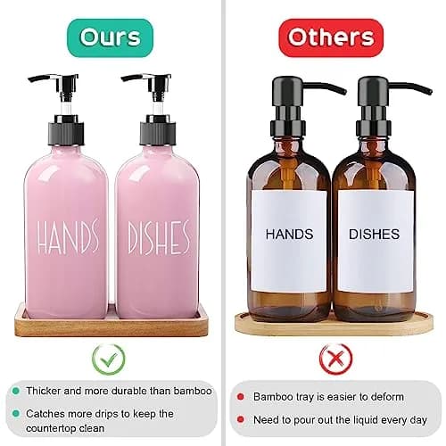 ALELION Dish Soap Dispenser for Kitchen - 16 OZ Glass Hand Soap Dispenser Set with Acacia Wood Tray - Pink Kitchen Bathroom Decor and Accessories | 16 OZ Refillable thumbnail 6