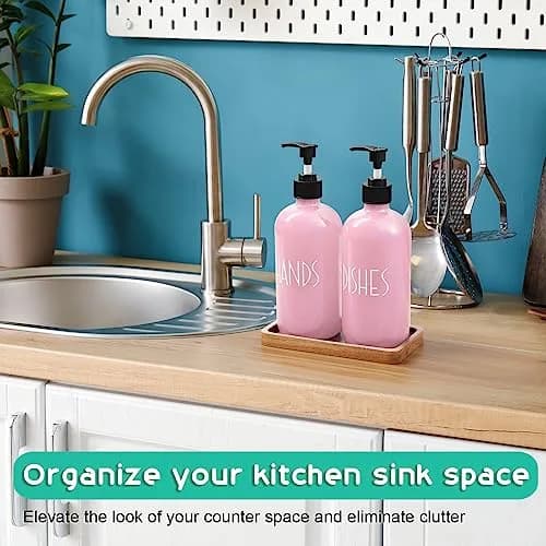 ALELION Dish Soap Dispenser for Kitchen - 16 OZ Glass Hand Soap Dispenser Set with Acacia Wood Tray - Pink Kitchen Bathroom Decor and Accessories | 16 OZ Refillable thumbnail 2
