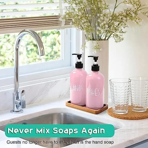 ALELION Dish Soap Dispenser for Kitchen - 16 OZ Glass Hand Soap Dispenser Set with Acacia Wood Tray - Pink Kitchen Bathroom Decor and Accessories | 16 OZ Refillable thumbnail 3
