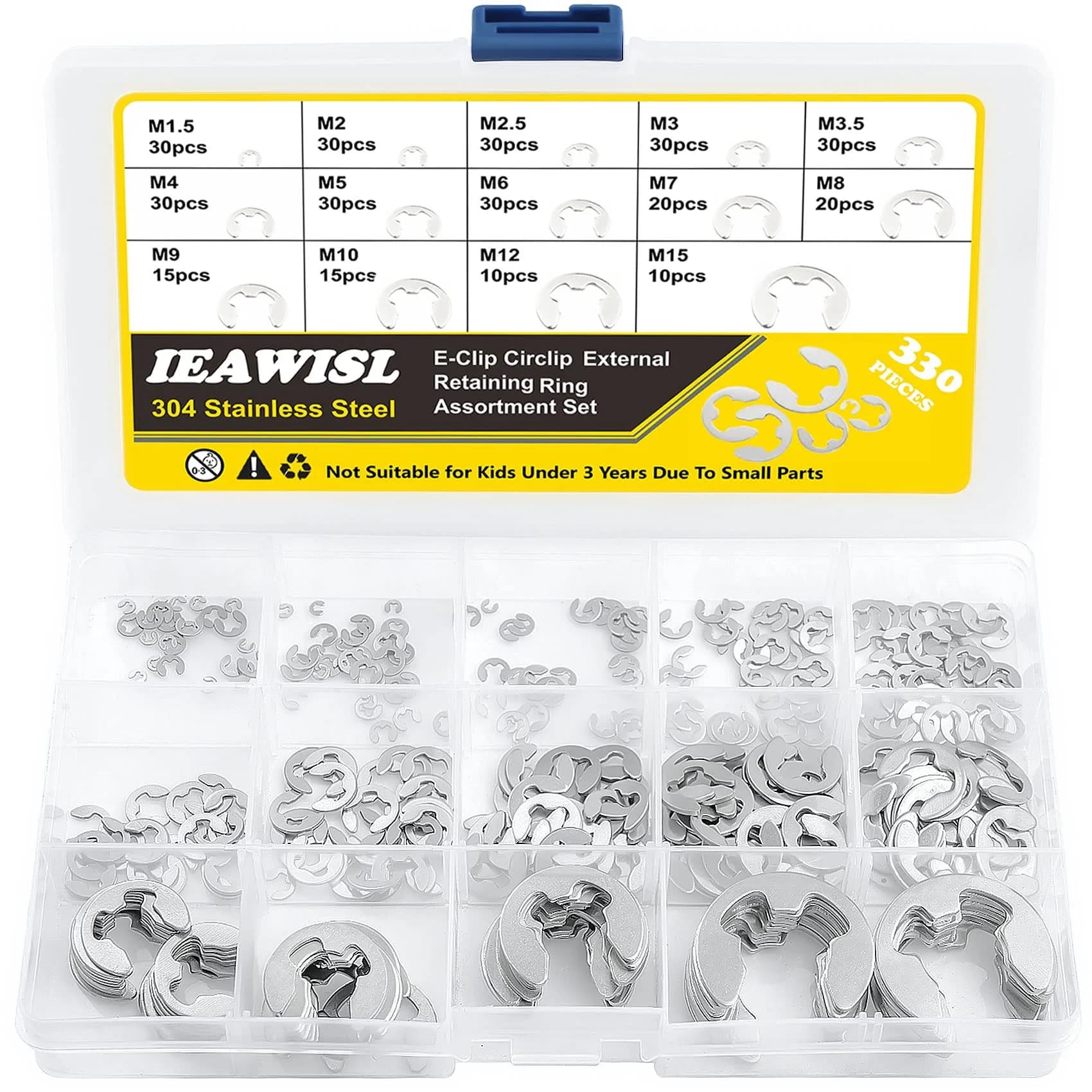 IEAWISL 330-Piece External Retaining Rings Assortment M1.5-M15 | Stainless Steel E-Clips for Shafts — Silver