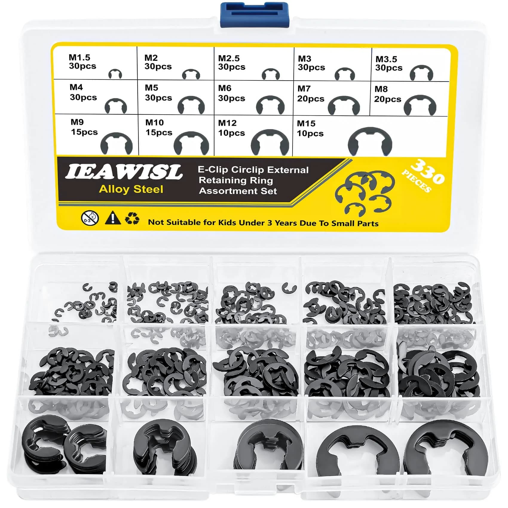 IEAWISL 330 Pcs Alloy Steel External Retaining Rings Assortment Set | Metric Sizes M1.5-M15 — Black