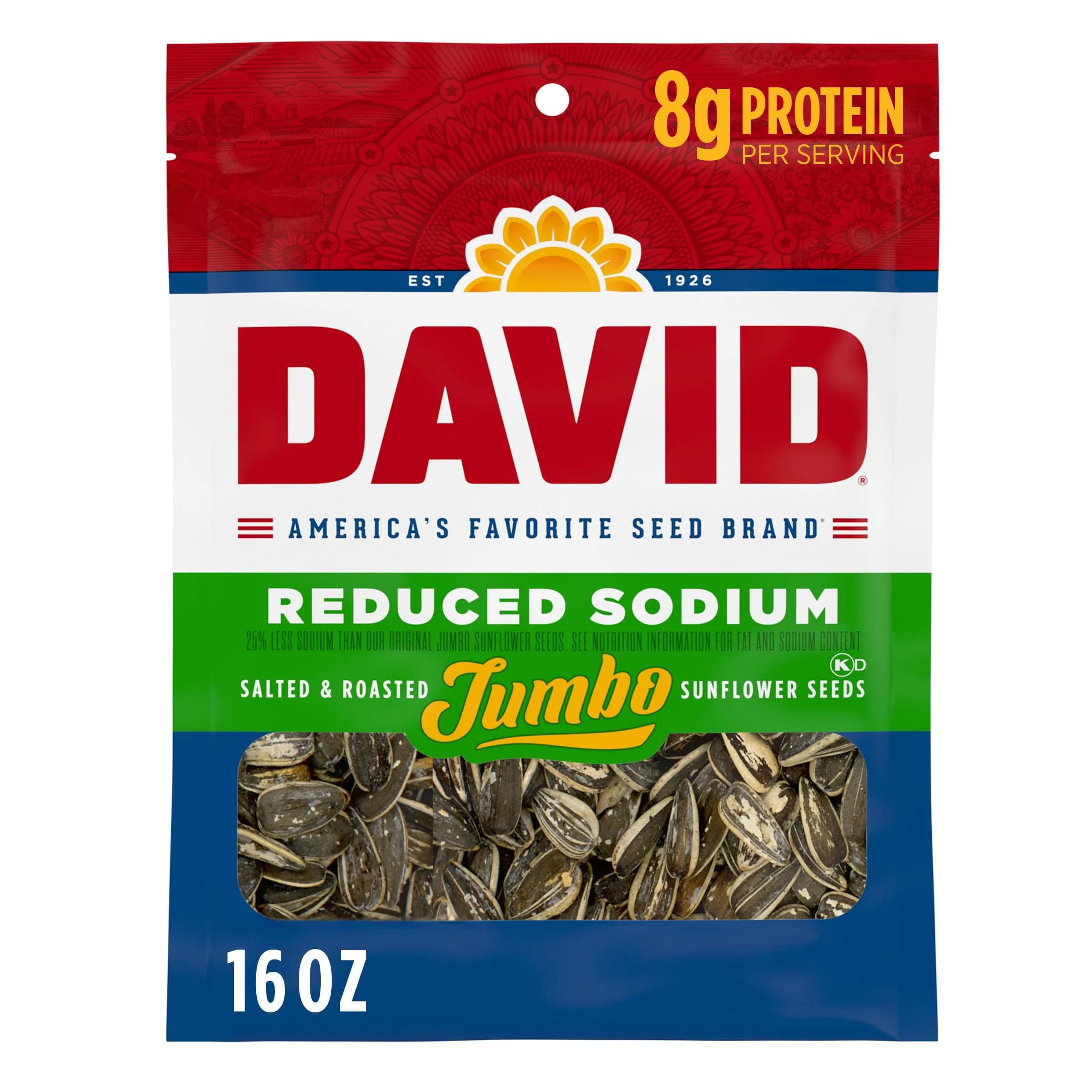 David Reduced Sodium Sunflower Seeds, 16 oz. | Classic flavor with 25% less sodium, gluten-free, travel snack