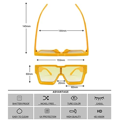 KENBO Oversized Yellow Frame & Yellow Lens Square Sunglasses for Women Men | UV400 Polarized thumbnail 4