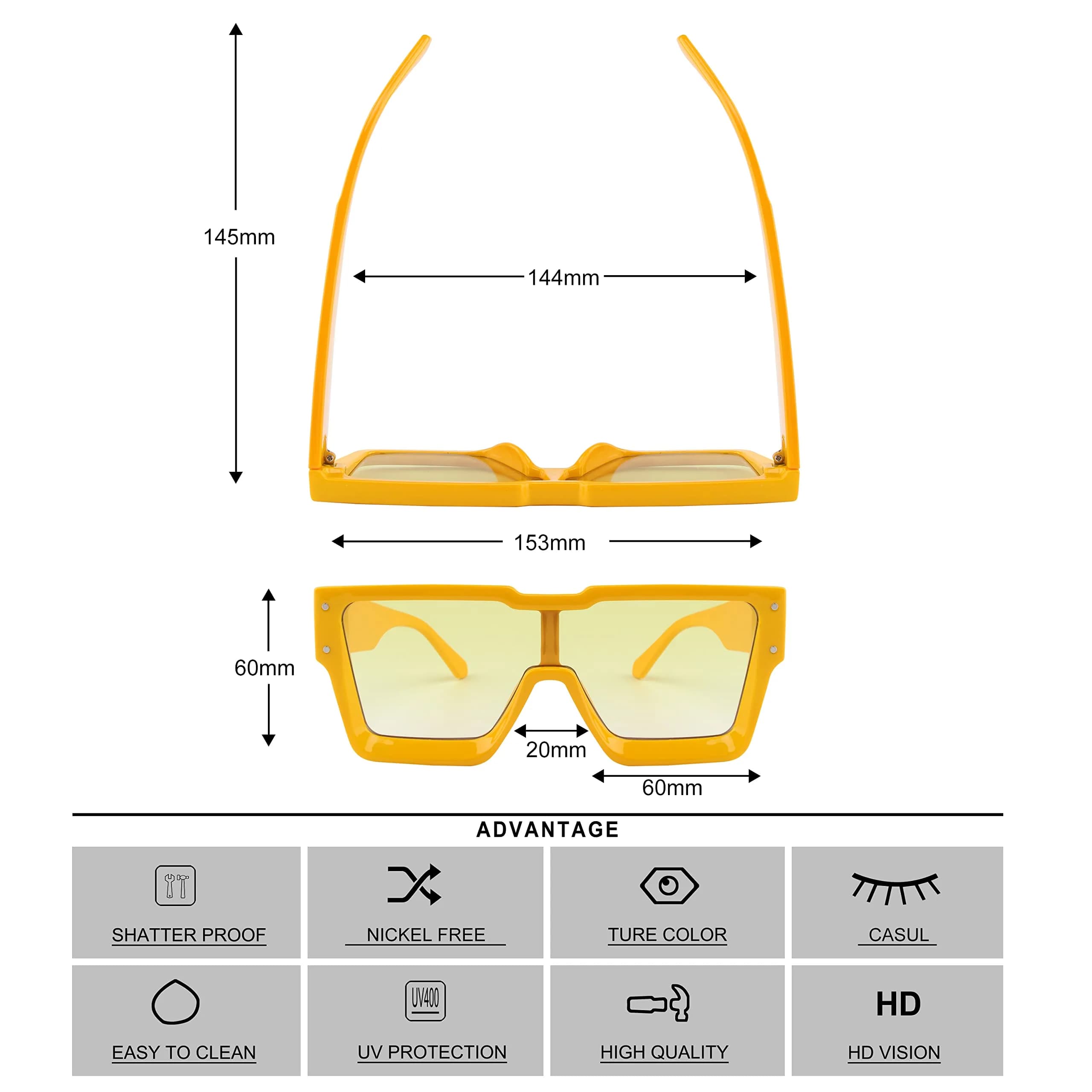 KENBO Oversized Yellow Frame & Yellow Lens Square Sunglasses for Women Men | UV400 Polarized - view 4