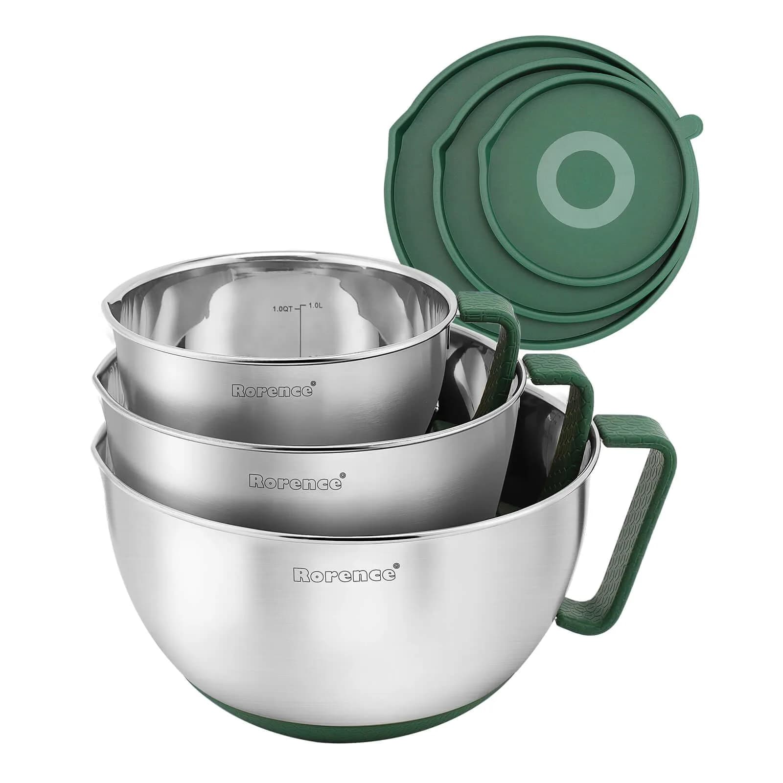 Rorence Stainless Steel Mixing Bowls Set with Lids, 1.5, 3 & 5 Qt, Green | Durable, Lightweight & Food Safe