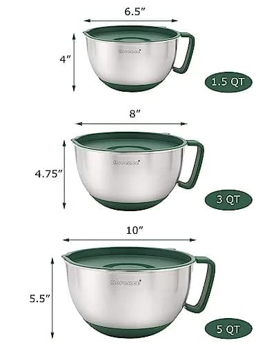 Rorence Stainless Steel Mixing Bowls Set with Lids, 1.5, 3 & 5 Qt, Green | Durable, Lightweight & Food Safe thumbnail 2