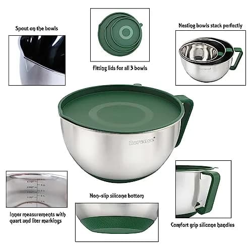 Rorence Stainless Steel Mixing Bowls Set with Lids, 1.5, 3 & 5 Qt, Green | Durable, Lightweight & Food Safe thumbnail 3