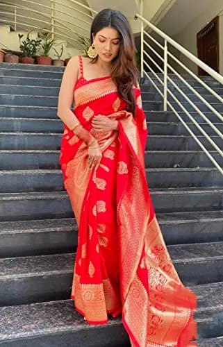 Avantika Fashion Women's Kanjivaram Soft Pure Silk Banarasi Saree with Blouse Piece, Red, 5.5m (18ft) | Jacquard Woven Traditional Indian Wear thumbnail 3