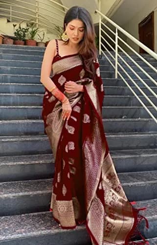 Avantika Fashion Kanjivaram Soft Pure Silk Banarasi Saree with Blouse Piece, Maroon, 610 cm (20 ft) thumbnail 3