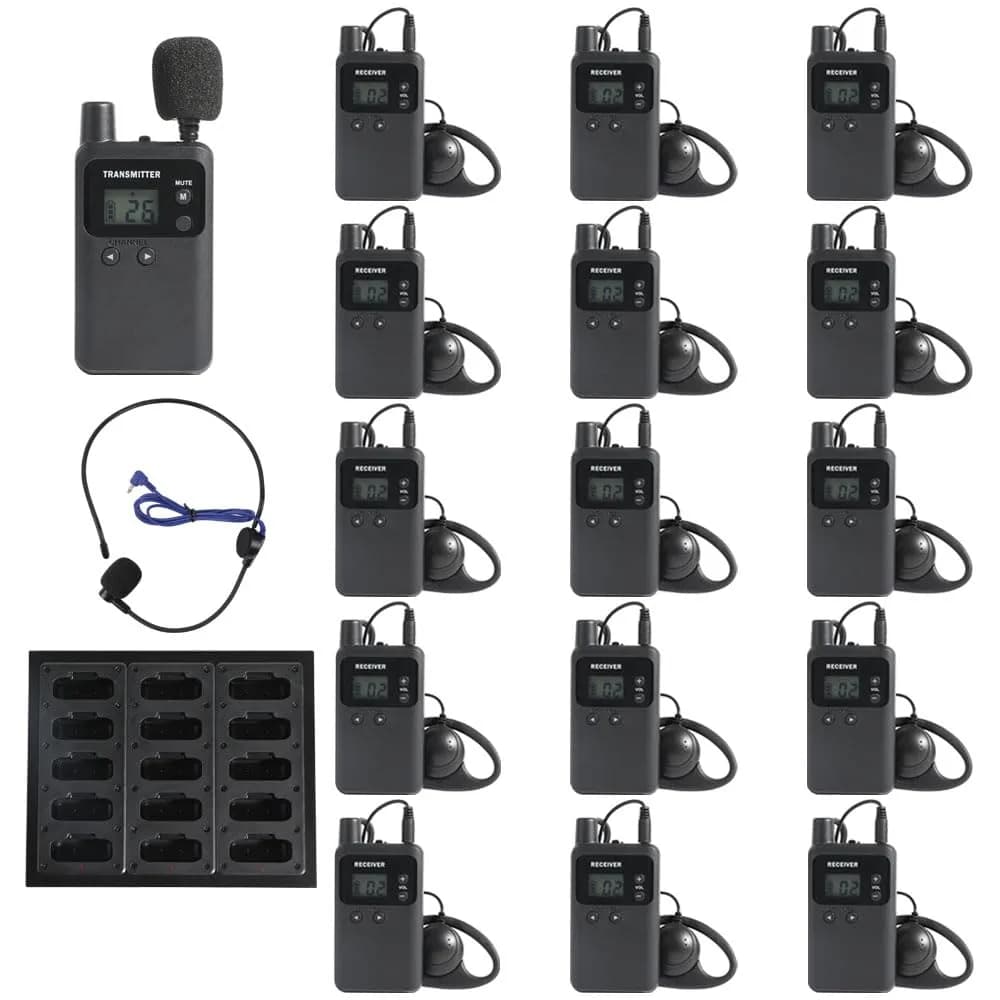 AGJ Wireless Tour Guide System, 1 Transmitter 15 Receivers, UHF 902-928 MHz | Long Range, Rechargeable, Easy Operation