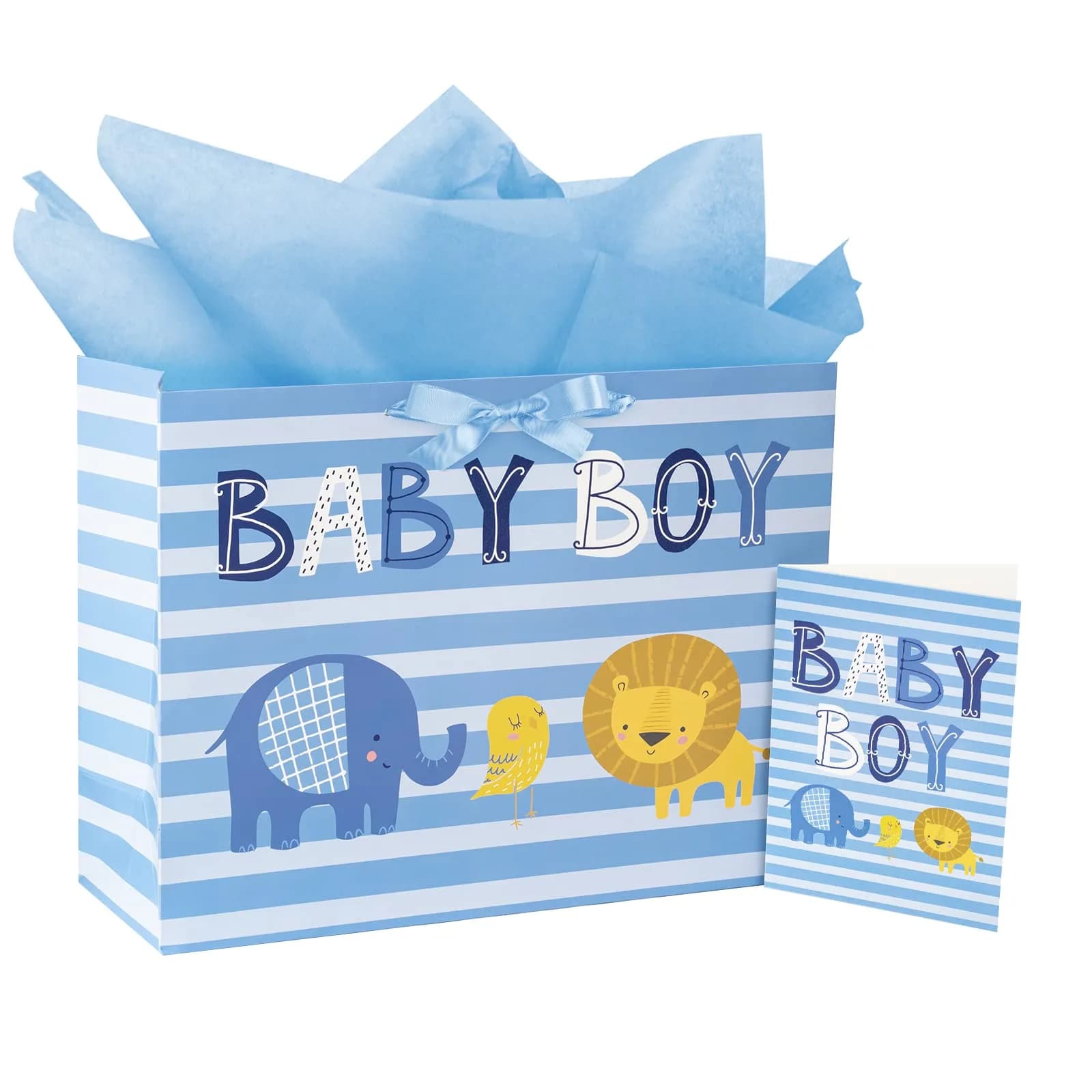 Loveinside Baby Boy Gift Bag with Tissue Paper and Greeting Card | Blue Animal Design, 16" x 6" x 12"
