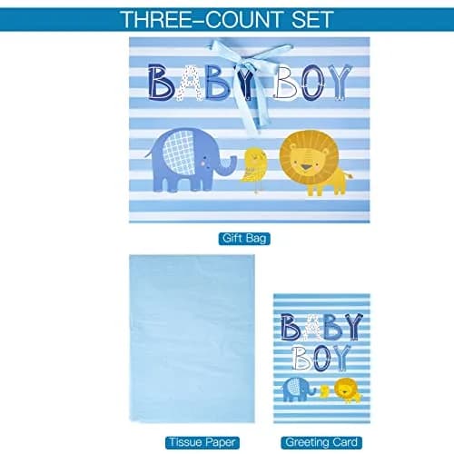 Loveinside Baby Boy Gift Bag with Tissue Paper and Greeting Card | Blue Animal Design, 16" x 6" x 12" thumbnail 5