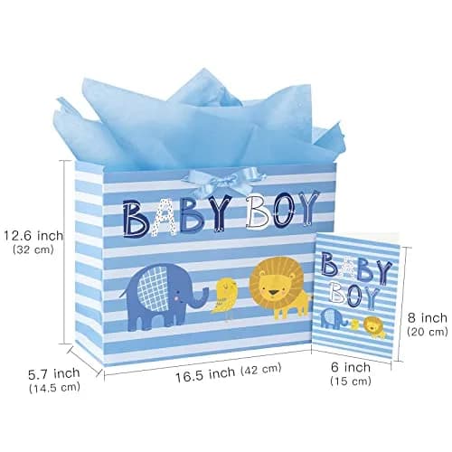Loveinside Baby Boy Gift Bag with Tissue Paper and Greeting Card | Blue Animal Design, 16" x 6" x 12" thumbnail 6