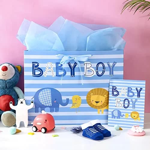 Loveinside Baby Boy Gift Bag with Tissue Paper and Greeting Card | Blue Animal Design, 16" x 6" x 12" thumbnail 2