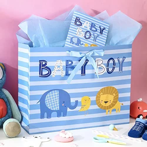 Loveinside Baby Boy Gift Bag with Tissue Paper and Greeting Card | Blue Animal Design, 16" x 6" x 12" thumbnail 3