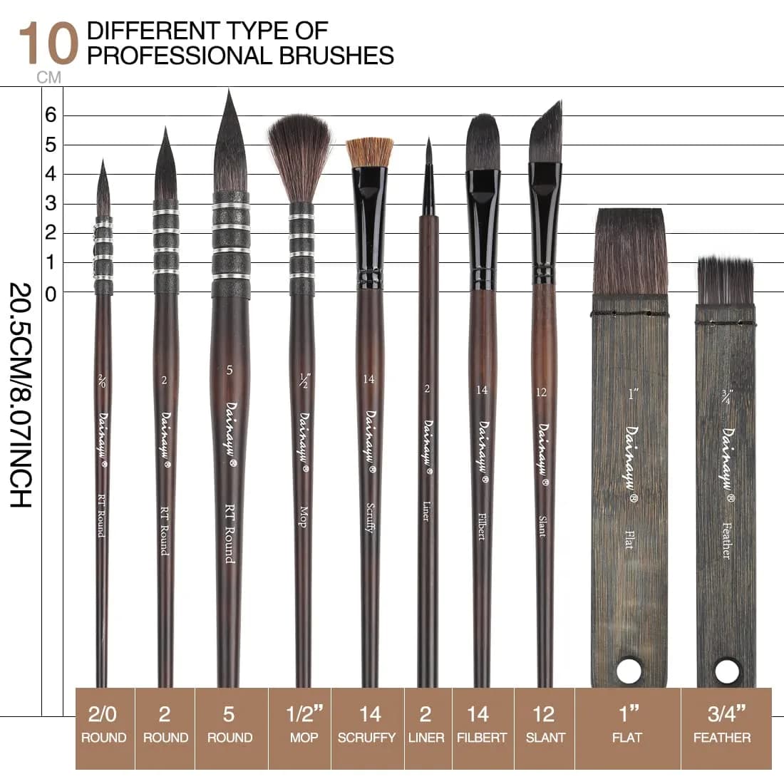 Dainayw Organic Synthetic Blue Squirrel Horse Hair Paint Brush Set of 10 | Artist Quality for Watercolor, Acrylic, Gouache, Oil - view 3