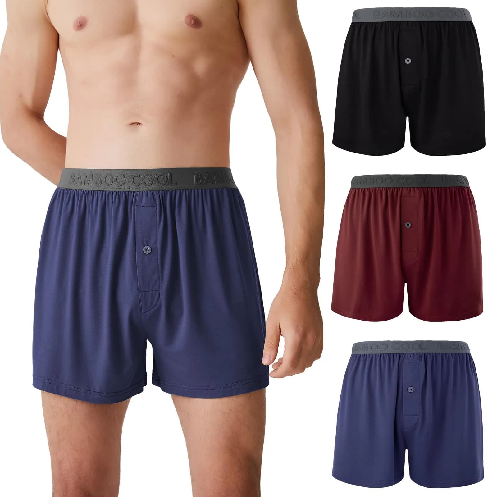 BAMBOO COOL Men's Boxer Shorts Medium | Soft Breathable Loose Underwear for Daily Comfort — 04:garnet Red/Black/Navy