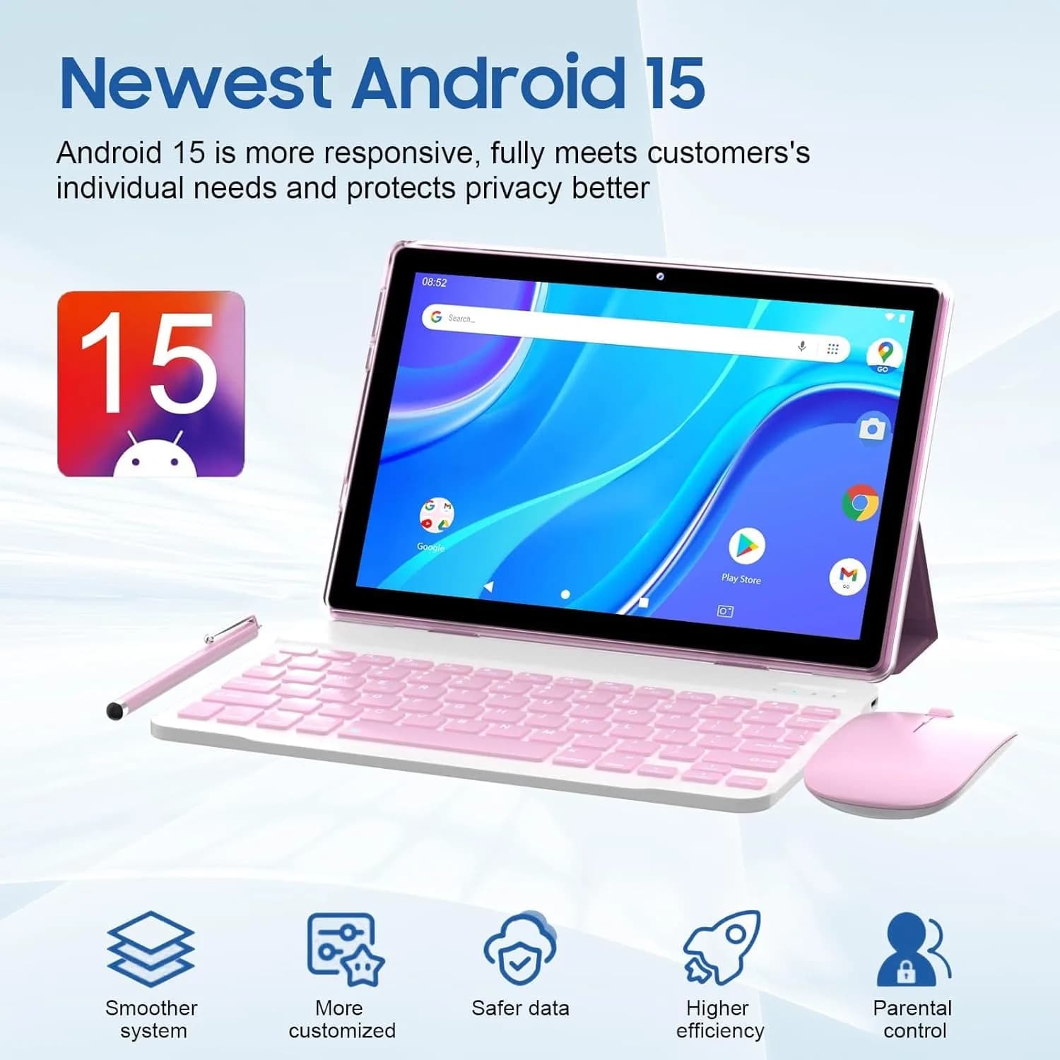 IWEGGO Android 15 Tablet 10.1 Inch 12GB RAM 64GB ROM 1TB Expansion Pink | Quad-core Processor, 1280x800 HD Touchscreen, 2-in-1 with Keyboard, Mouse, Stylus - view 2