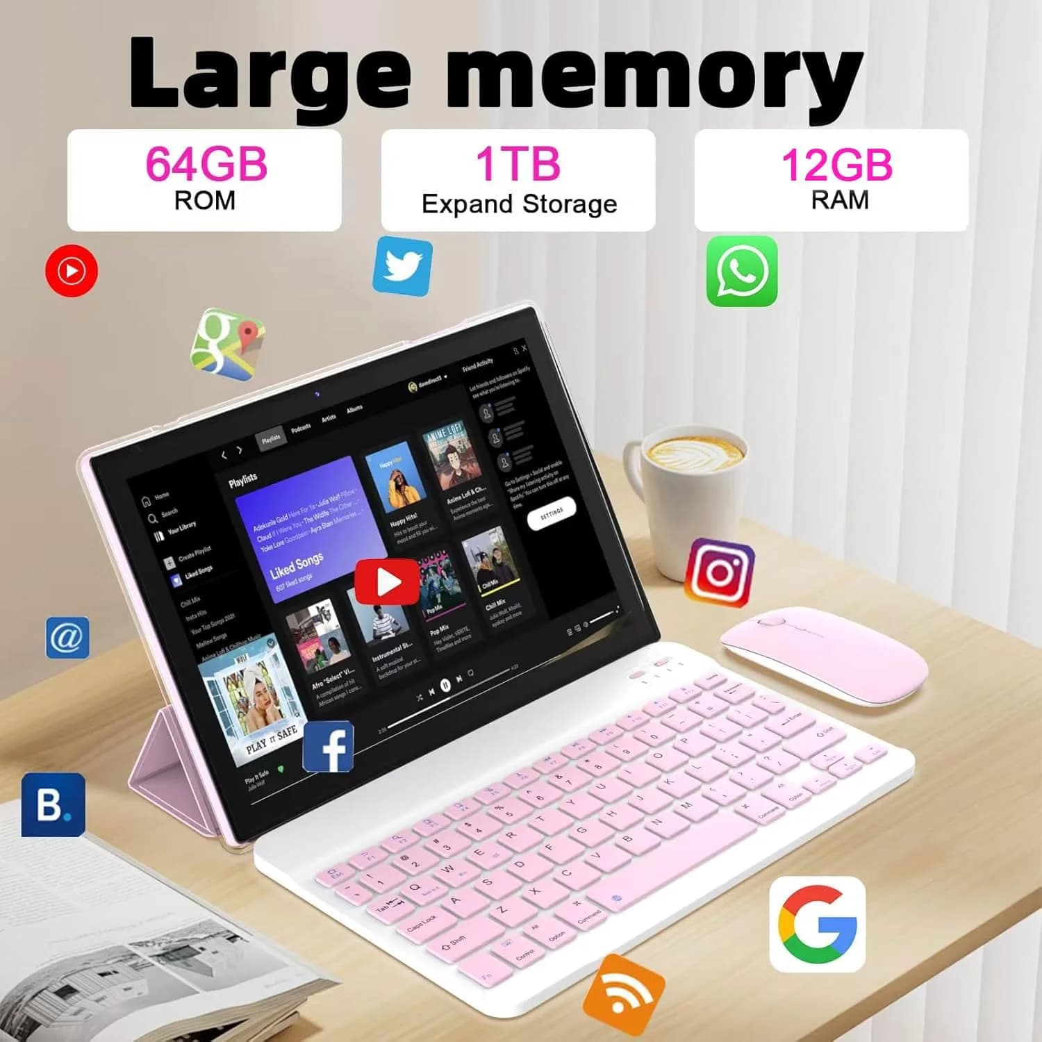 IWEGGO Android 15 Tablet 10.1 Inch 12GB RAM 64GB ROM 1TB Expansion Pink | Quad-core Processor, 1280x800 HD Touchscreen, 2-in-1 with Keyboard, Mouse, Stylus - view 3