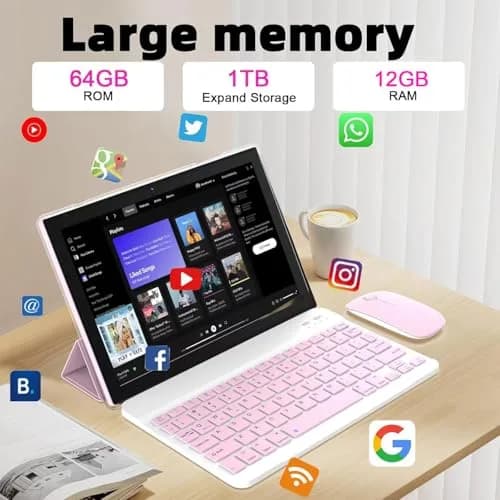 IWEGGO Android 15 Tablet 10.1 Inch 12GB RAM 64GB ROM 1TB Expansion Pink | Quad-core Processor, 1280x800 HD Touchscreen, 2-in-1 with Keyboard, Mouse, Stylus thumbnail 3