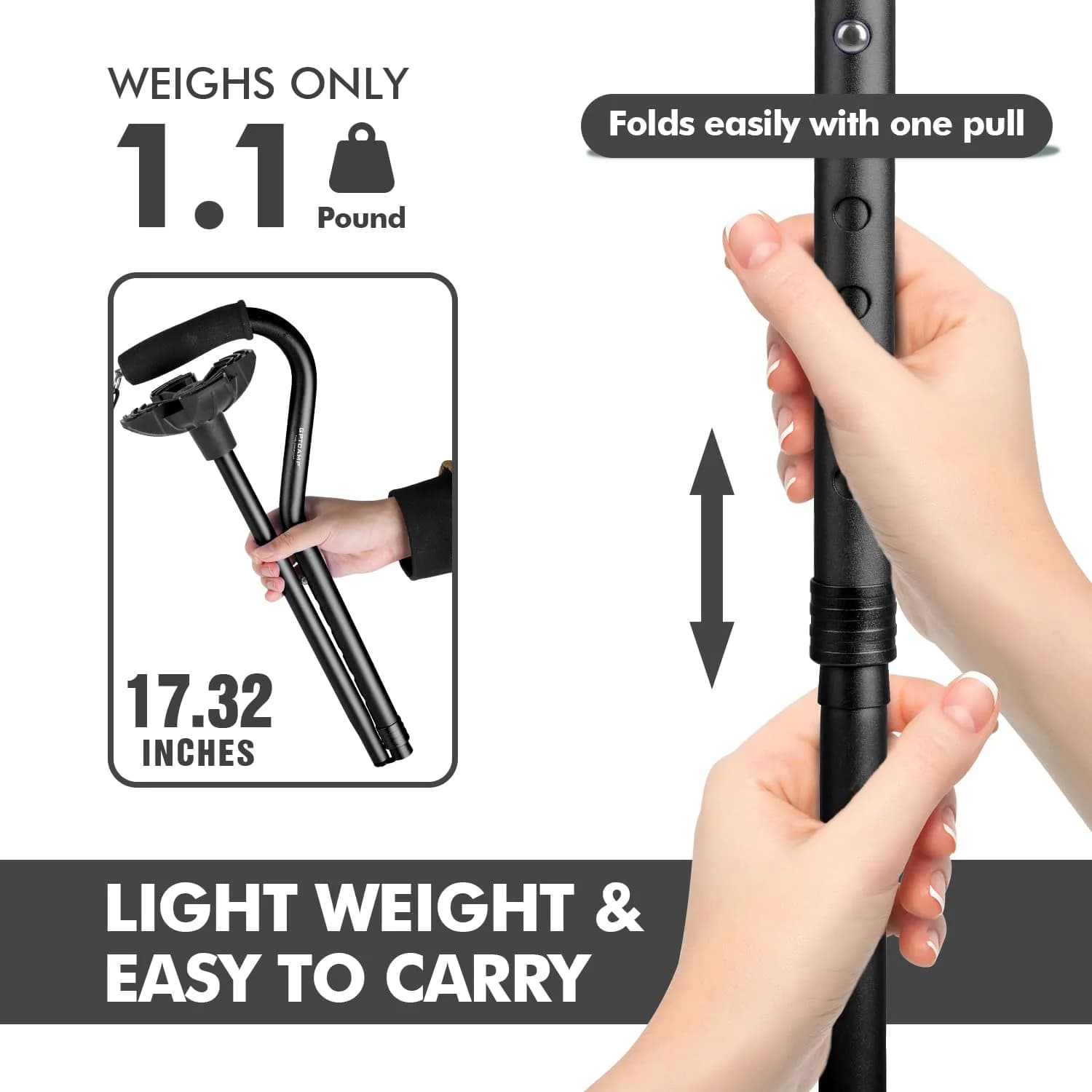 GPTCAMP Quad Base Walking Cane 79-92cm (31"-36") | Self-Standing, 140kg Capacity, Offset Grip - view 5