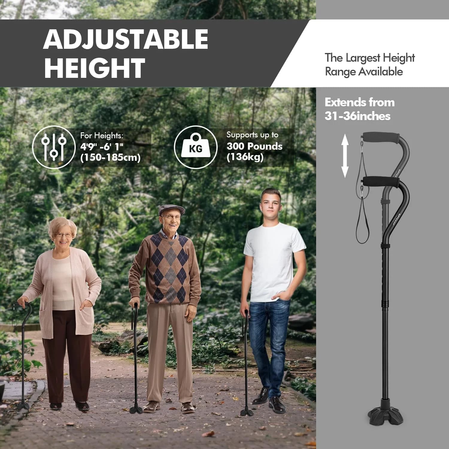 GPTCAMP Quad Base Walking Cane 79-92cm (31"-36") | Self-Standing, 140kg Capacity, Offset Grip - view 6