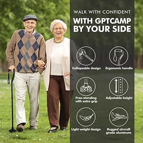 GPTCAMP Quad Base Walking Cane 79-92cm (31"-36") | Self-Standing, 140kg Capacity, Offset Grip thumbnail 2