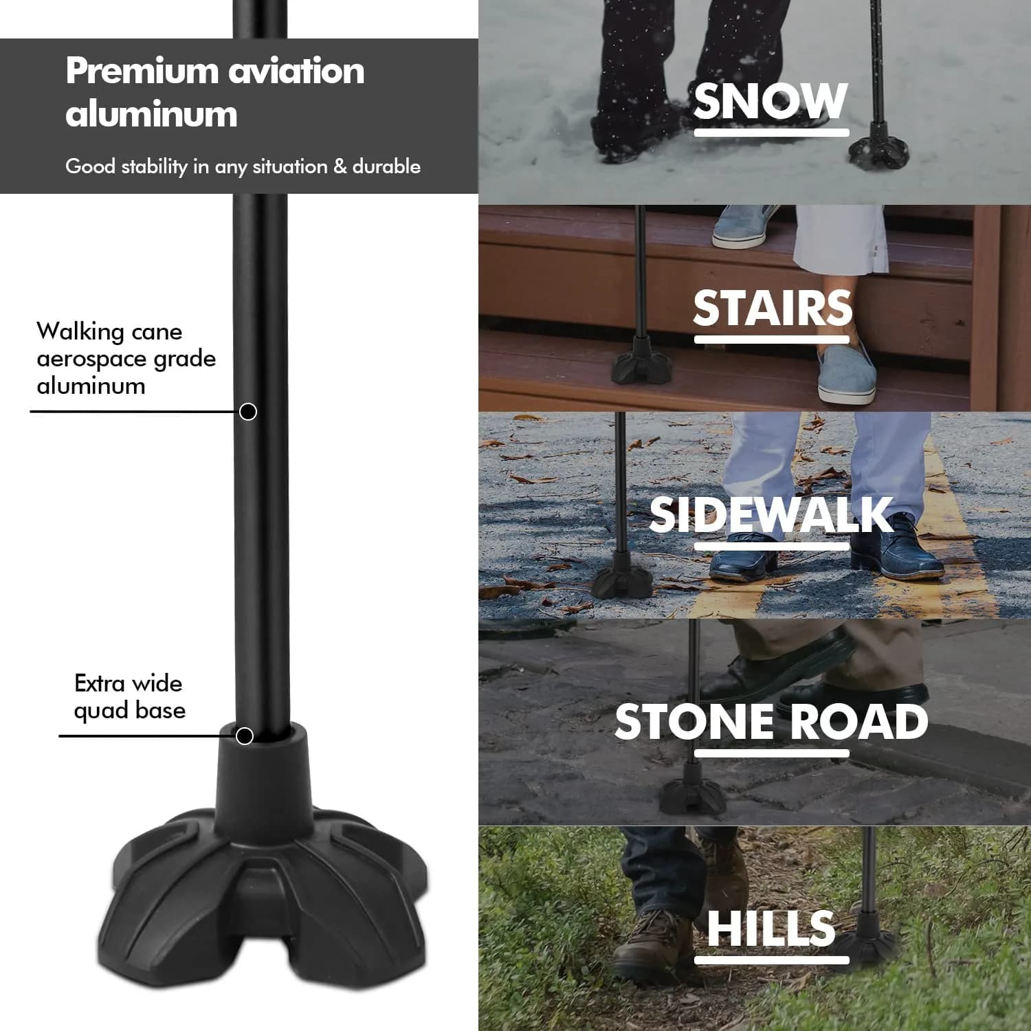 GPTCAMP Quad Base Walking Cane 79-92cm (31"-36") | Self-Standing, 140kg Capacity, Offset Grip - view 3