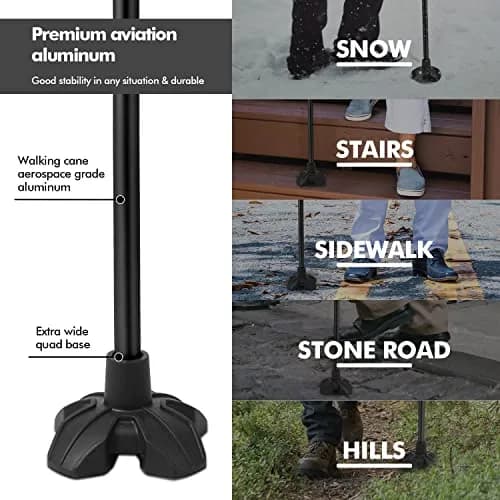 GPTCAMP Quad Base Walking Cane 79-92cm (31"-36") | Self-Standing, 140kg Capacity, Offset Grip thumbnail 3