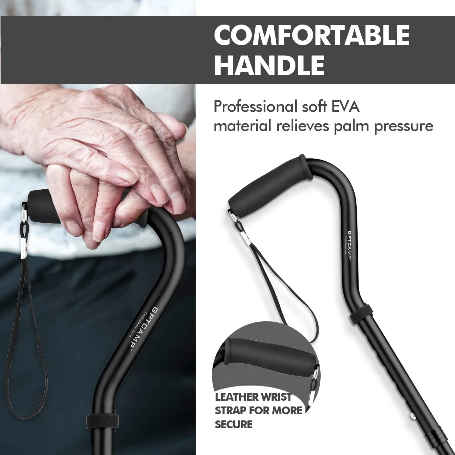 GPTCAMP Quad Base Walking Cane 79-92cm (31"-36") | Self-Standing, 140kg Capacity, Offset Grip - view 4