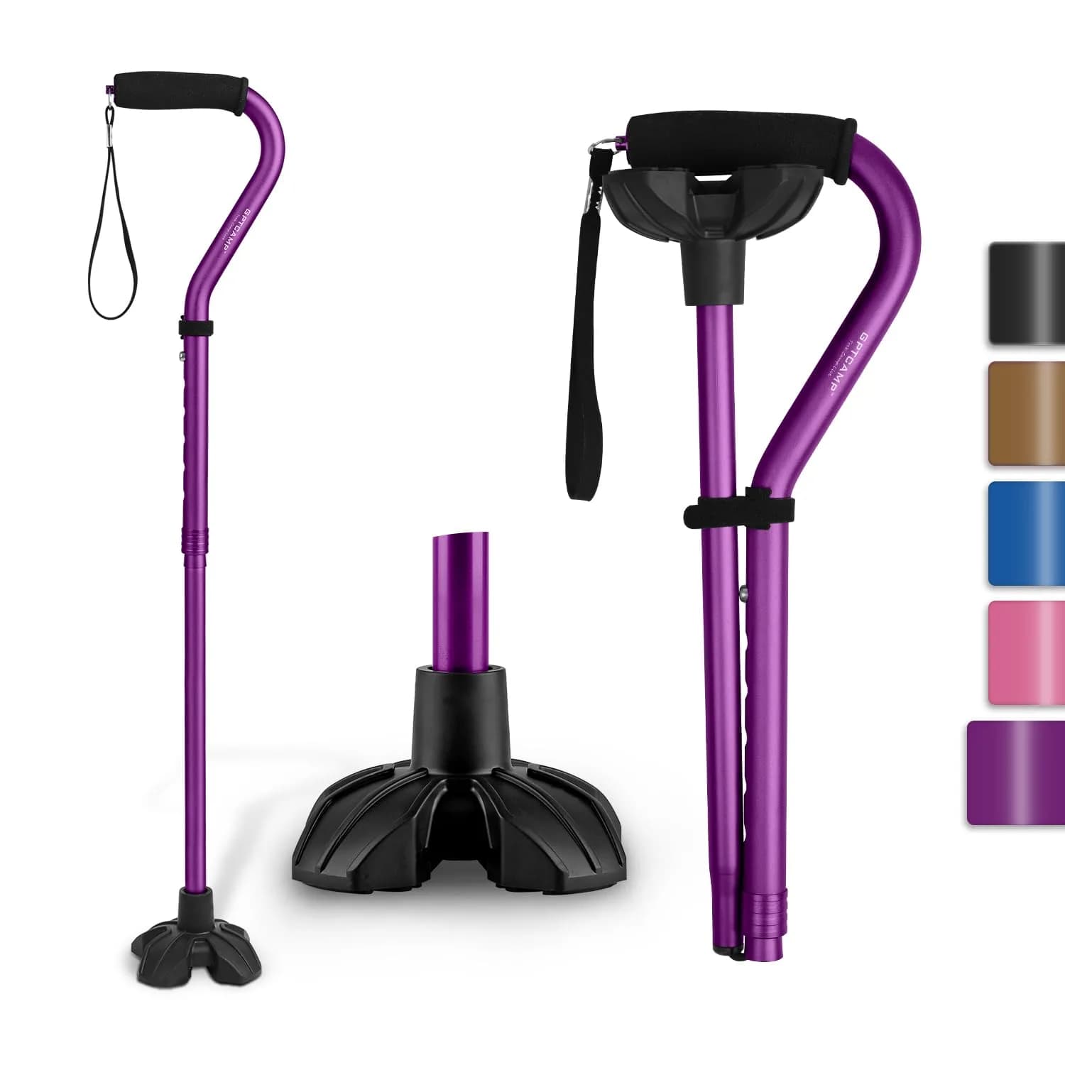 GPTCAMP Quad Base Walking Cane 79-92cm (31"-36") | Self-Standing, 140kg Capacity, Offset Grip — purple