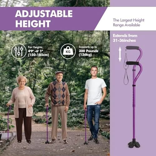 GPTCAMP Quad Base Walking Cane with Offset EVA Handle & Self-Standing Feature | 1.1 lbs Lightweight, 300 lbs Capacity, Adjustable 31"-36" thumbnail 6