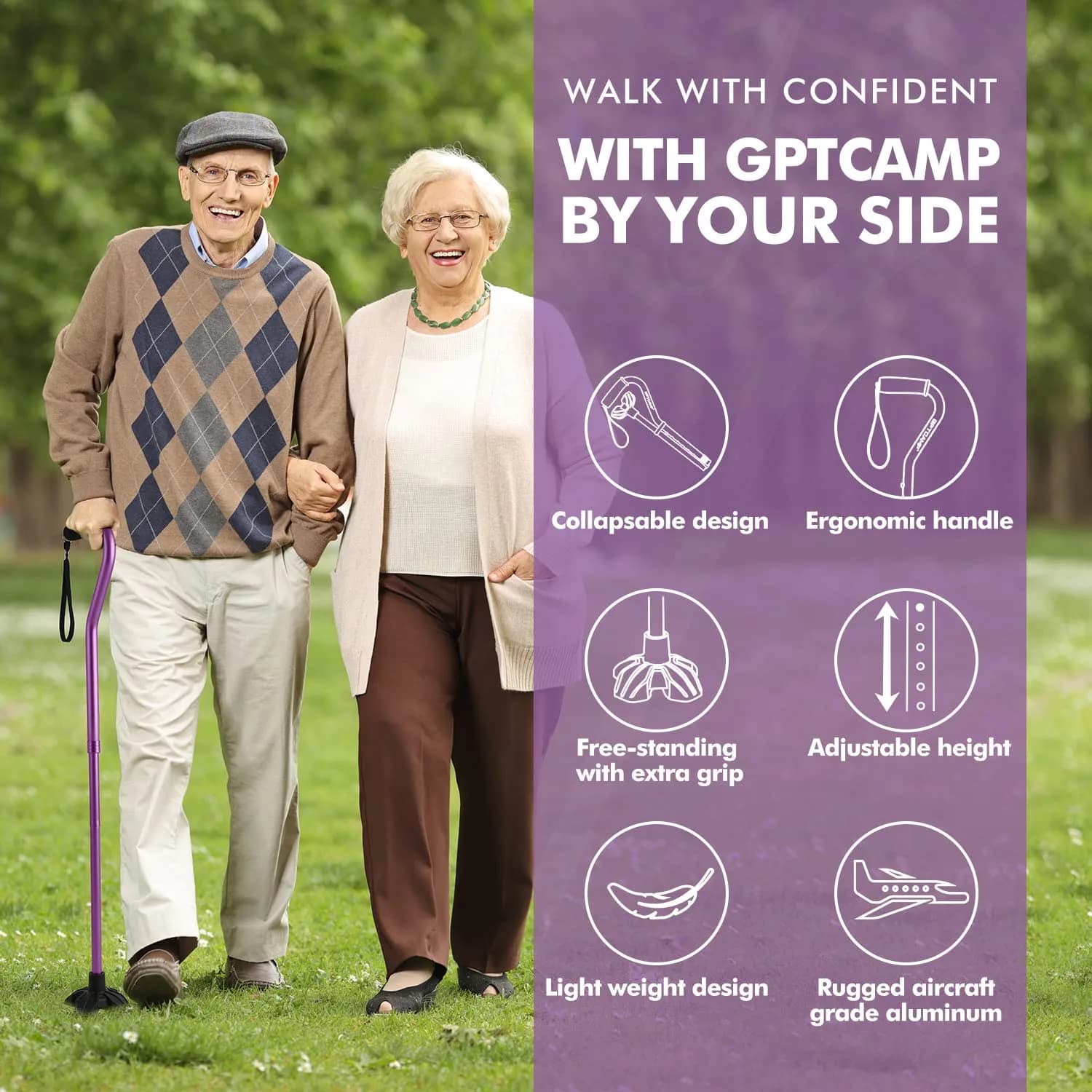 GPTCAMP Quad Base Walking Cane with Offset EVA Handle & Self-Standing Feature | 1.1 lbs Lightweight, 300 lbs Capacity, Adjustable 31"-36" - view 2