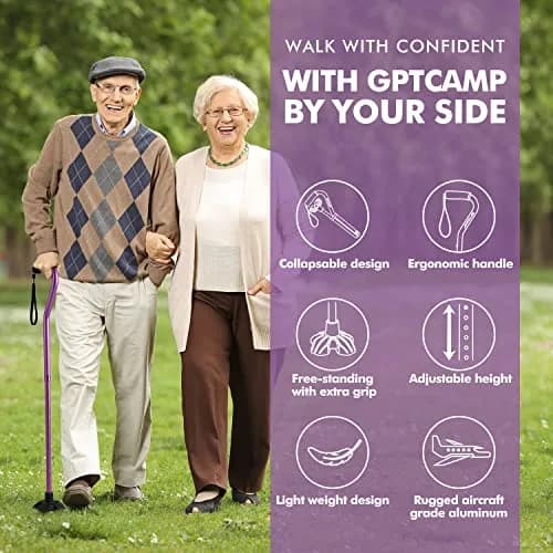 GPTCAMP Quad Base Walking Cane with Offset EVA Handle & Self-Standing Feature | 1.1 lbs Lightweight, 300 lbs Capacity, Adjustable 31"-36" thumbnail 2